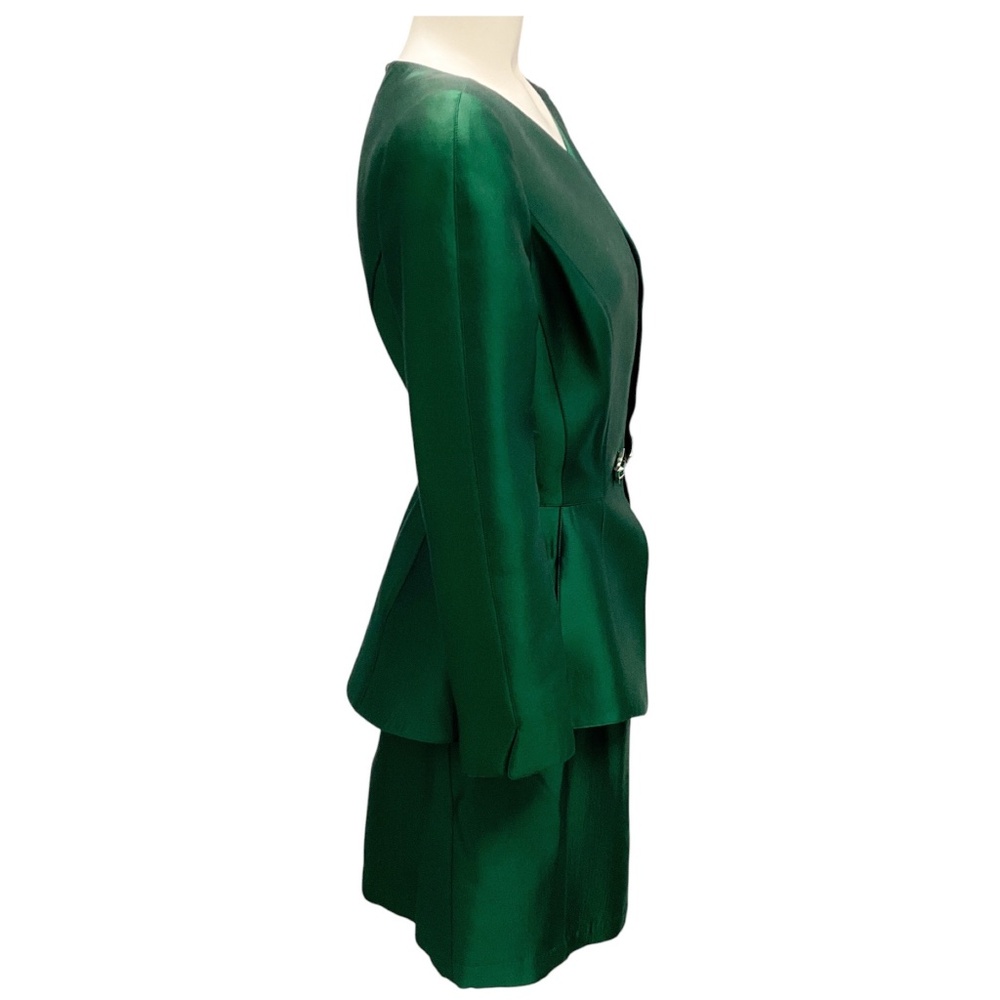 THIERRY MUGLER VINTAGE GREEN SILK JACKET AND SKIRT SUIT SET - Picture 2 of 5